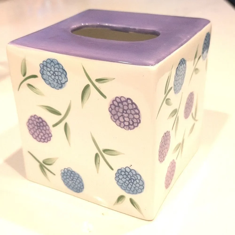 Marimekko Hand Painted Ceramic Floral Square Tissue Box Cover Purple & Blue